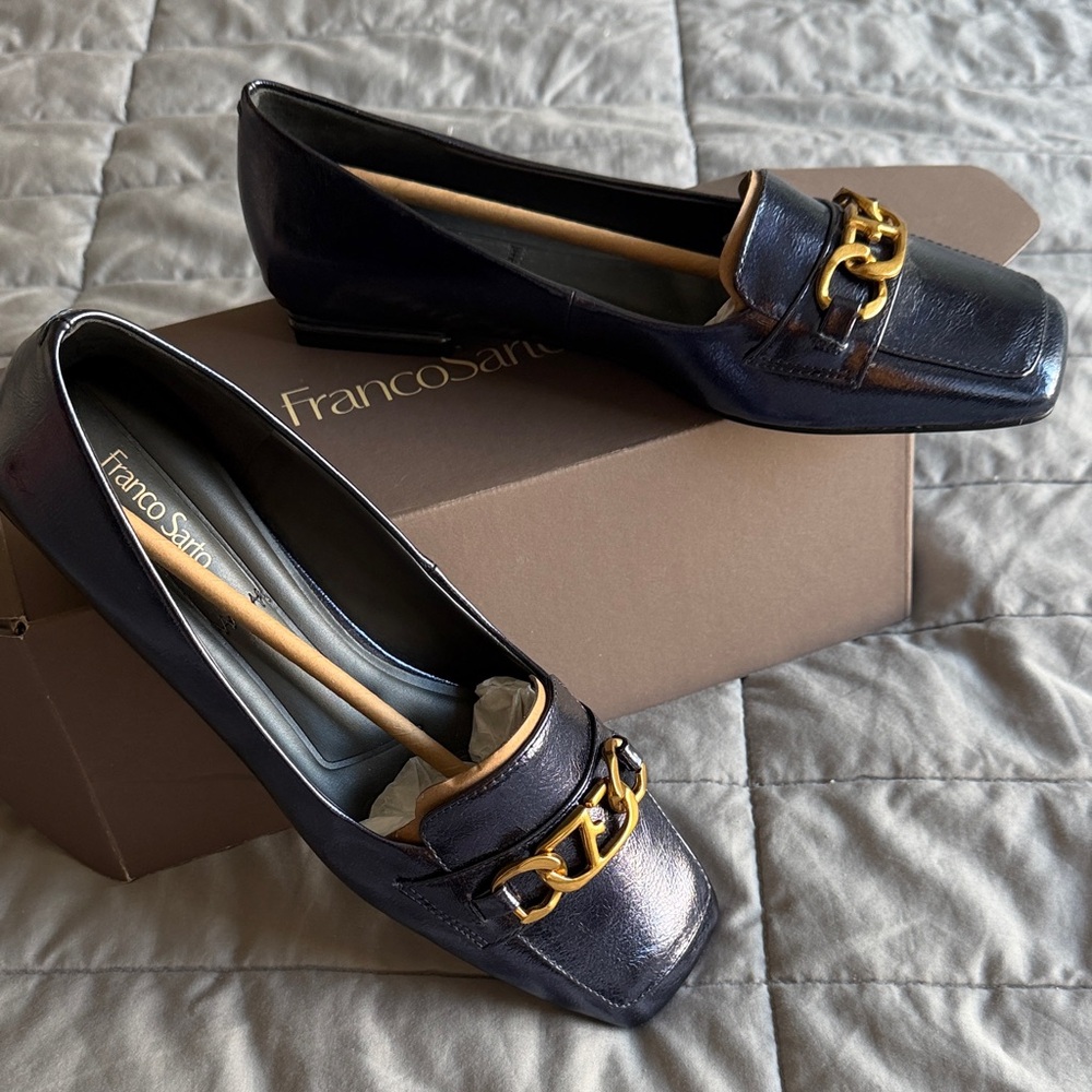 Franco Sarto Navy Loafers with Gold Chain